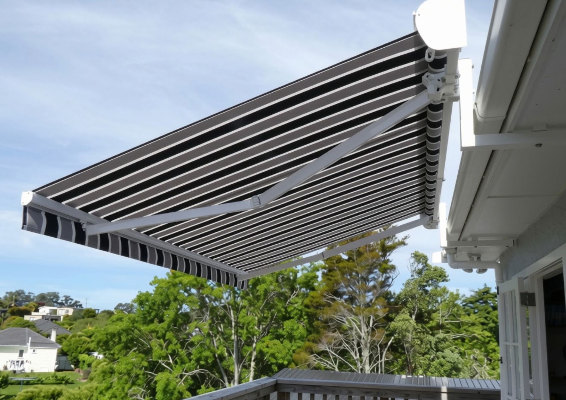 Striped Ellipse folding arm awning