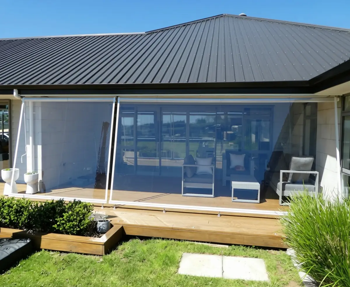 Clear PVC outdoor blinds enclosing a covered patio